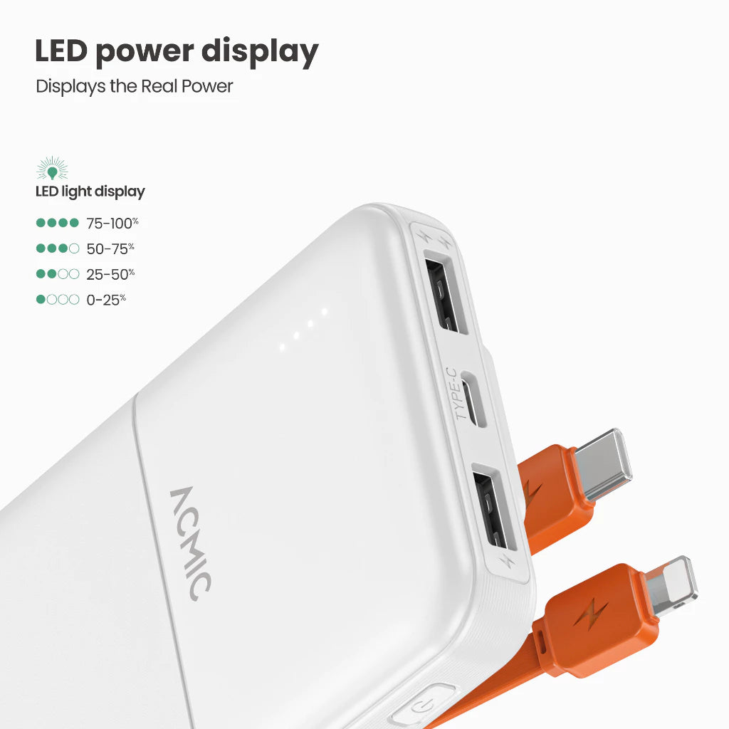 ACMIC 10000mAh powerbank with build-in Type C and Lightning Cable
