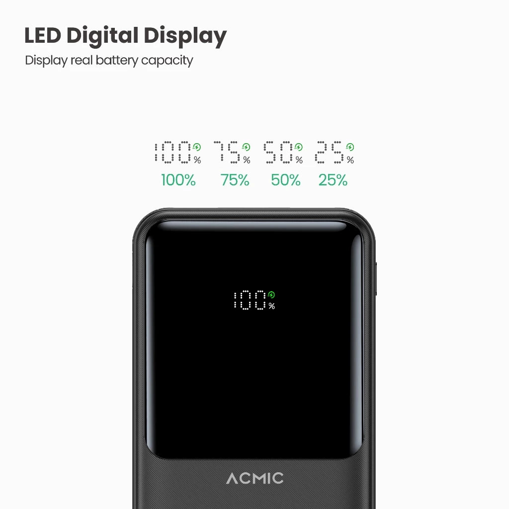 ACMIC 20000mAh powerbank with Digital Screen Display, Build in Type C and Lightning Cable (AP20-06PD PRO (W2015C)