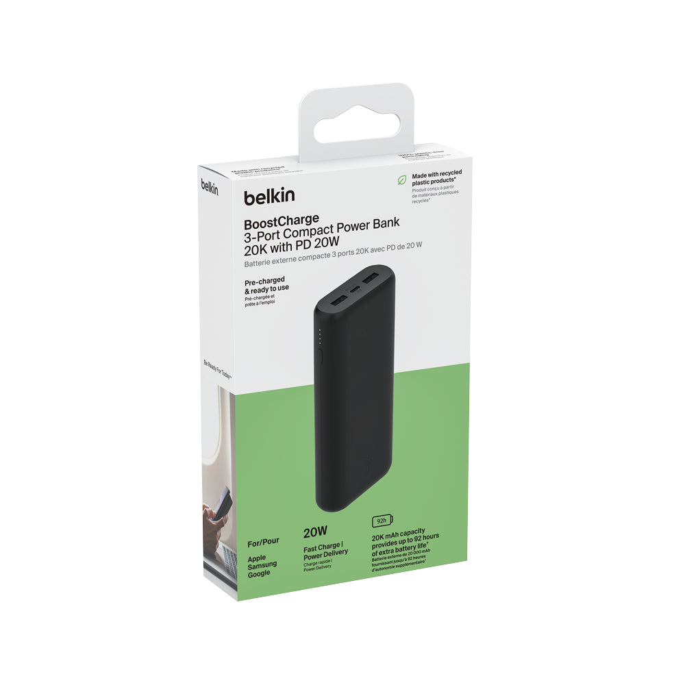 Belkin 20K Power Bank, USB-C & USB-A PD 20W, Black