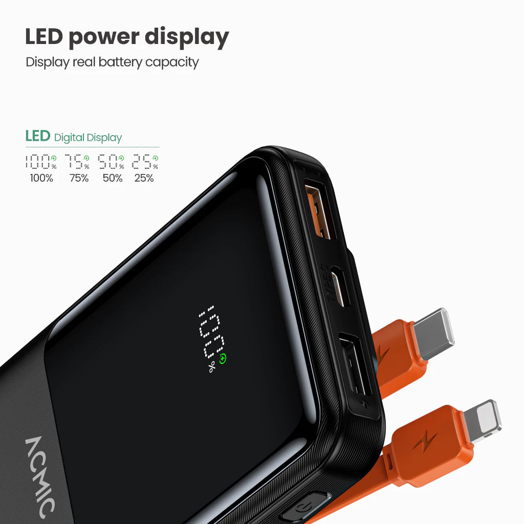 ACMIC 10000mAh powerbank with Digital Screen Display, Build in Type C and Lightning Cable