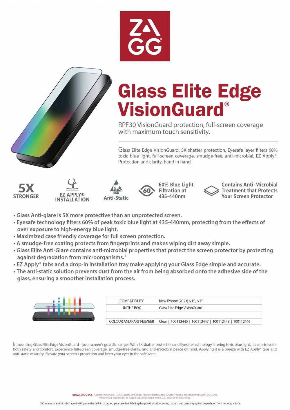 ZAGG-Glass Elite Edge RPF30 VisionGuard AM Apple iPhone 15 - Clear