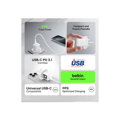Belkin 25W USB-C PD Wall Charger with PPS, White