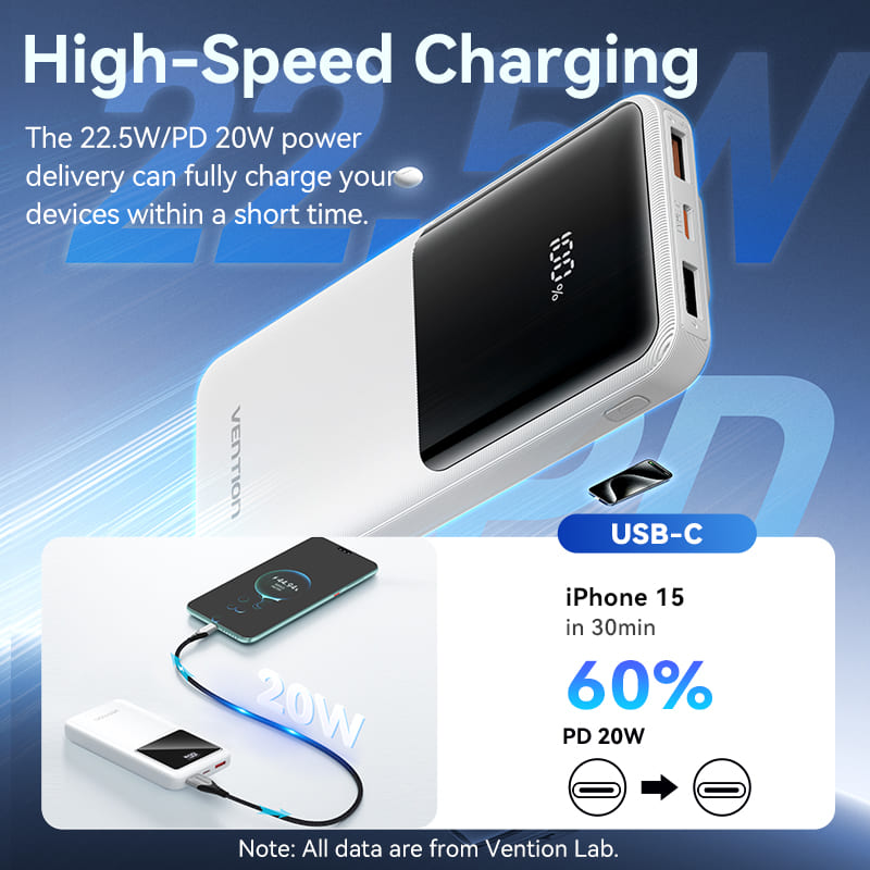 Vention Power Bank with Built-in USB-C and Lightning Cables 22.5W