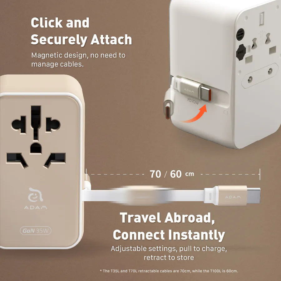 ADAM elements T35L 35W Universal Travel Adapter with Built-In USB-C Cable