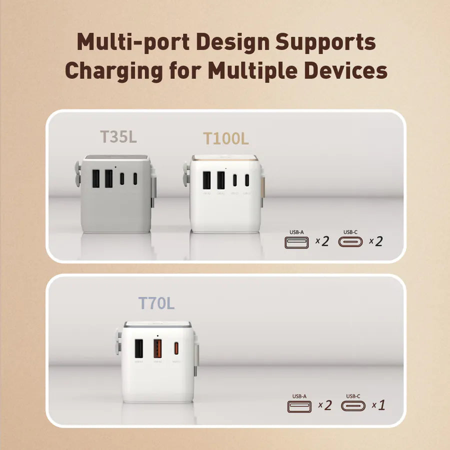 ADAM elements T70L 70W Universal Travel Adapter with Built-In USB-C Cable
